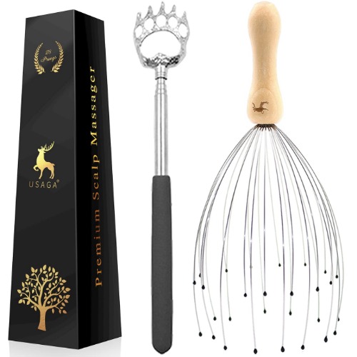 USAGA 28 fingerhuvudskrapare, huvudmassör, hårbottenmassör, huvudvisp massageapparat för huvud hår kroppsmassage och stressavkoppling, trådmassage trähandtag (1-pack)