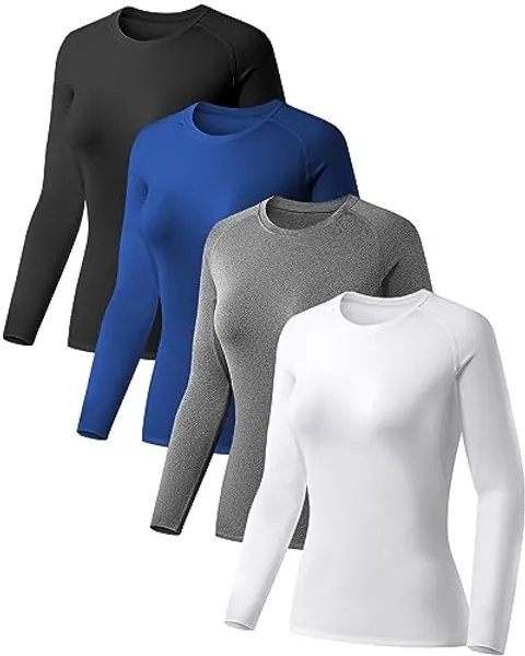 TELALEO 4 Pack Women's Compression Shirt Long Sleeve Performance Workout Baselayer Athletic Top Sports Gear