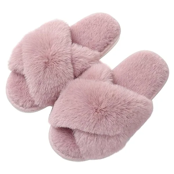Evshine Women's Fuzzy Slippers Cross Band Memory Foam House Slippers Open Toe