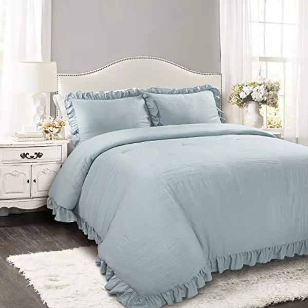 Lush Decor Reyna Ruffle Comforter Set - 3 Piece Cozy Ruffled Bedding Set - Timeless Elegance and Comfort for Dorm Room - Full/ Queen, Lake Blue