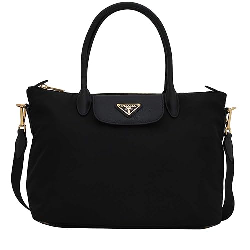 Prada Women's Black Tessuto Nylon/Saffiano Leather Shopping Tote Bag 1BA106, Black, 14" x 10" x 7.5" LWH