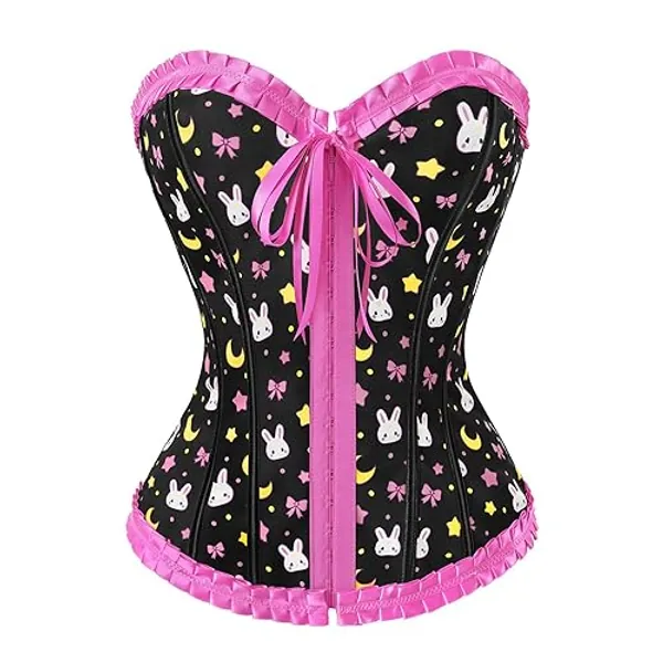 LittleForBig Women's Lace Up Boned Overbust Corset Bustier Bodyshaper Top - XS - Pink-1