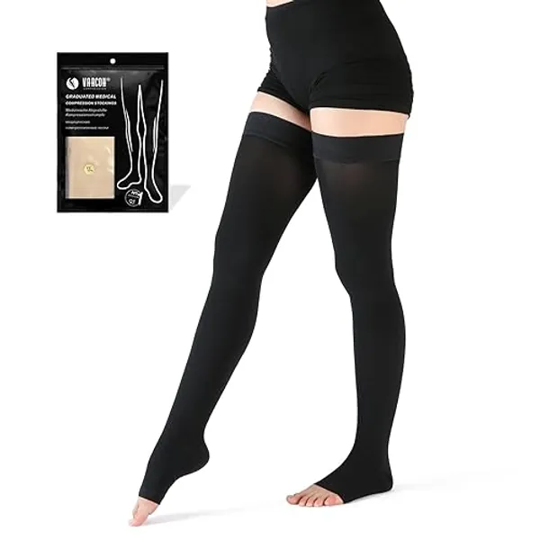 VARCOH Thigh High Open Toe Compression Socks for Women , 20-30 mmHg Compression Stockings Men Best for DVT, Maternity, Pregnancy, Varicose Veins, Relief Shin Splints, Edema - Black - M