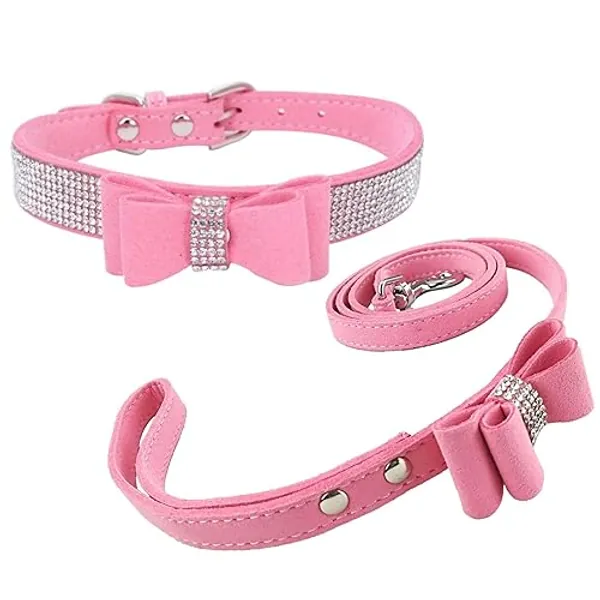 Newtensina Fashion Dog Collar and Lead with Bow Tie Bling Puppy Collar Leash with Bow for Dog - Pink - M - M - Pink