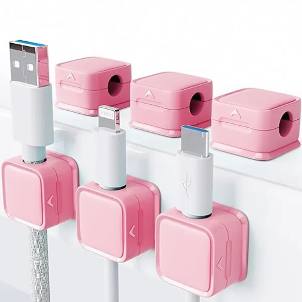 smofish Magnetic Cord Organizer Holder, 6 Pack Desk Cable Clips Management, Hide Phone Charging Cable Keeper, Strong Adhesive Wire Charger Holder for Nightstand, Kitchen Appliances, Office Supplies - Pink