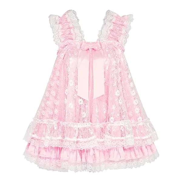 Satini Lingerie Satin Sissy Babydoll Ruffles Frilly Lace Nightie Negligee Cosplay Nightwear Dress - S - Baby Pink - White