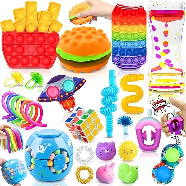 Paochocky Fidget Toy Set, 26PCS With Box Fidget Pack, Sensory Anxiety Relief Stress Toys for Autism, Fidget Toy in Rainbow, Fries Burger Relaxing Entertainment Birthday Gift for Kids Adults