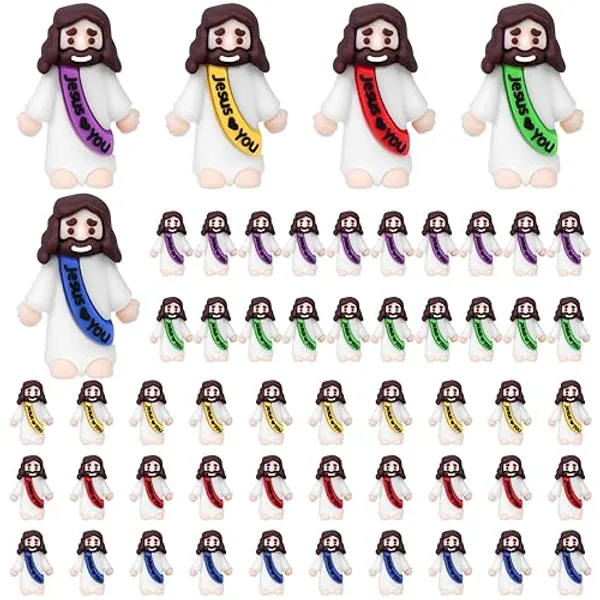 WWmily 50 Pcs Mini Jesus Figures Jesus Loves You Religious Tiny Jesus Cute Doll to Hide and Seek Church Favors for Sunday School Baptism Activities Party Supplies - 5 Color
