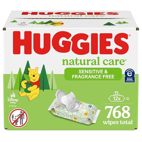 Huggies Natural Care Sensitive Baby Wipes, Unscented, Hypoallergenic, 99% Purified Water, 12 Flip-Top Packs (768 Wipes Total), Packaging May Vary - 64 Count (Pack of 12)