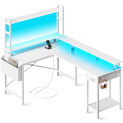 Huuger L Shaped Desk Gaming Desk with LED Lights & Power Outlets, Computer Desk with Storage Shelves, Corner Desk Home Office Desks for Bedroom, White - White