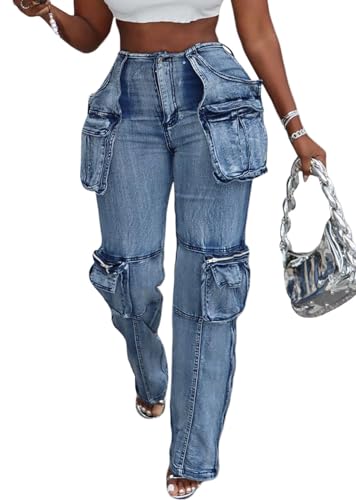Vaceky Stretch Cargo Jeans Women Straight Leg Side Zipper Slit Denim Y2K Pants with Pockets - Medium - Blue
