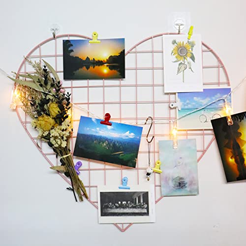 ECLENYES Grid Photo Wall, 22.4"x21.3" Photo Wall Organizer Iron Rack Art Wire Board Creative Pink Gift Heart Shape DIY Photo Frame for Home,Office,Kitchen,Bedroom