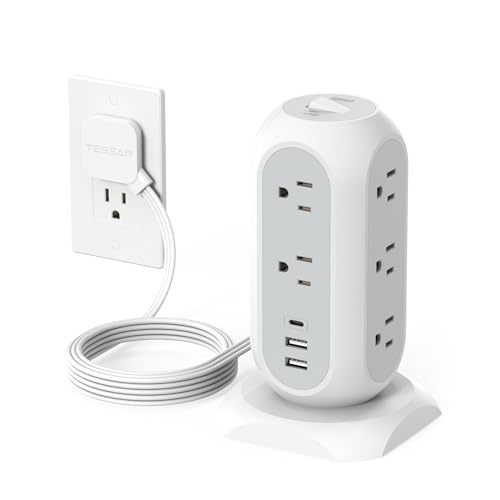 Tower Power Strip Flat Plug with 11 Outlets 3 USB (1 USB C), TESSAN Surge Protector Tower 1625W/13A,1050J Protection, 6 Feet Extension Cord with Multiple Outlets, Office Desk Supplies, Dorm Essentials - White - 6 Feet