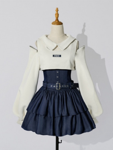 [$28.29]Dark Blue Slip Dress / White Open Shoulder Cropped Top Jirai Kei Two Pieces Set