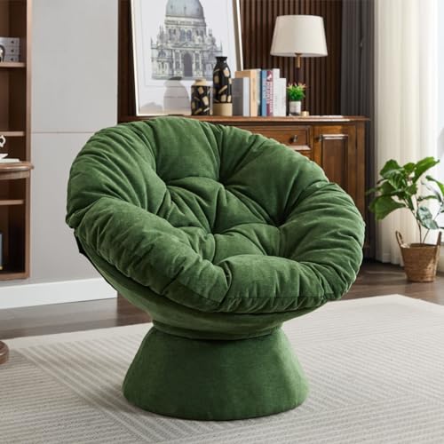 WIIS' IDEA 360° Papasan Swivel Chair,Chenille Upholstered Papasan Chair,Ergonomic Papasan Swivel Accent Chair with Iron Base,Round Oversized Reading Chair for Bedroom,Living Room,Dark Green - 37" - Dark Green