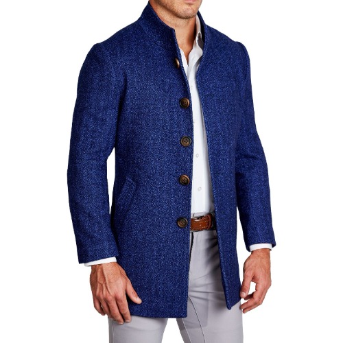 Cobalt Herringbone Open Button Overcoat | Cobalt Herringbone / 122