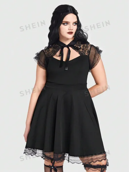 ROMWE Goth Vestido Maxi Plus Size Com Renda Para O Dia Dos Namorados