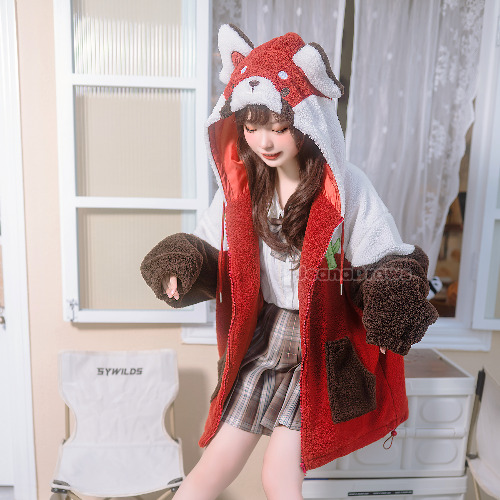 Fluffy Red Panda Zip Up Hoodie - XL