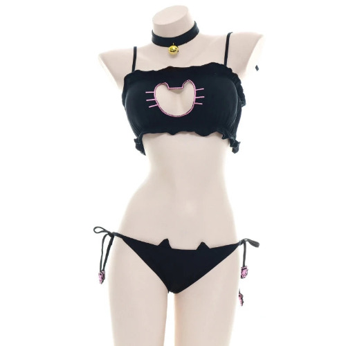 Cat Anime Open Chest Embroidered Lingerie Set - Black / One Size