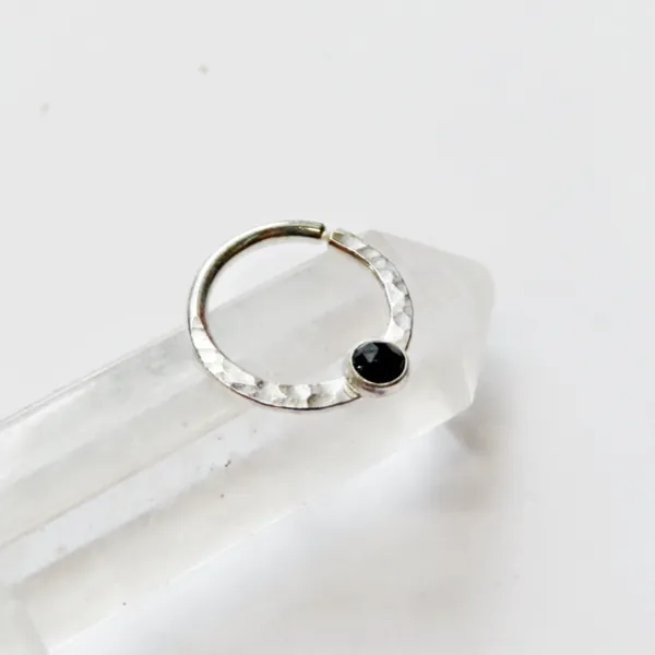 onyx septum ring in sterling silver, 16 gauge, 18 gauge, 20 gauge, 8, 9, and 10mm in diameter, gemstone gothic septum ring, black and white