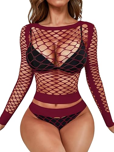 RSLOVE Women Sexy Mesh Lingerie Fishnet Babydoll Free Size Bodysuit See Through Shirts Long Sleeve - One Size - Wine Red