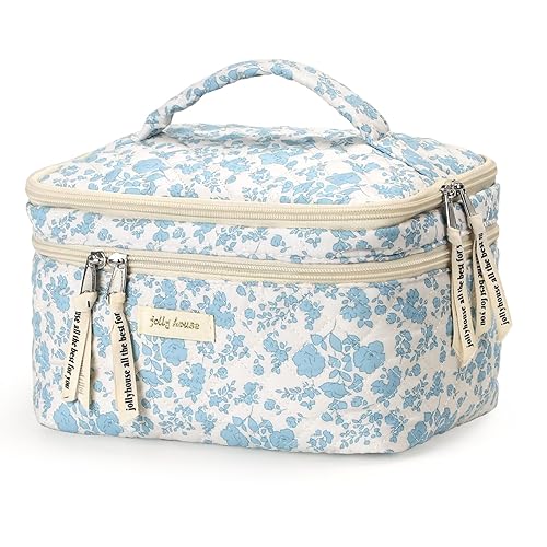 Sightor Quilted Makeup Bag, Cotton Cosmetic Bag with Handle Double Layer Travel Toiletry Bag for Women Cute Aesthetic Floral Makeup Bag (Double Blue) - Double Blue