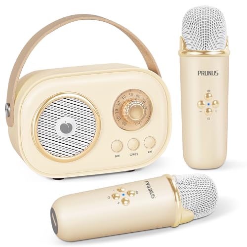 PRUNUS Mini Karaoke Machine for Kids&Adults,Portable Bluetooth Speaker with 2 Wireless Microphones and Stereo Sound Enhanced Bass,Gifts for Girl 6 7 8 9 10 11 12 Years Old Unpowered Cabinets-Beige - Beige-2 Mic