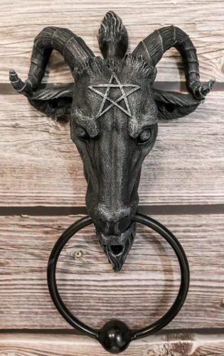 Ebros Faux Stone Satanic Sabbatic Goat Baphomet with Pentagram Head Door Knocker 9.5"Tall Lucifer Satan Occultic Ritual God Baphometh Resin Figurine Prince of Beasts Goat of Mendes - 