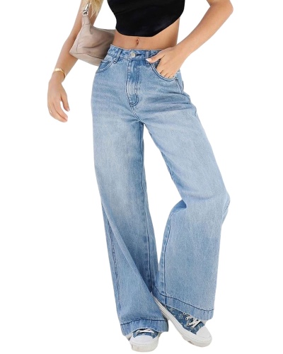SANSIWU Dam hög midja säckiga denimbyxor breda ben raka byxor rippade pojkvänner jeans Y2k streetwear vintage lösa byxor - XXL