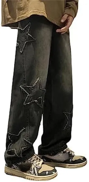 MuziZy Dam vintage Star Patchwork Y2K säckiga jeans hög midja raka ben byxor Emo Grunge denim byxor med fickor