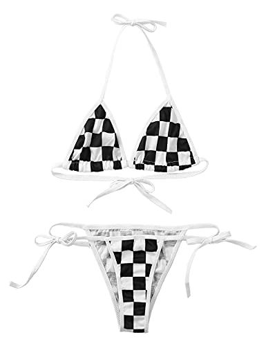 ABAFIP Womens Micro Tanning Bikini Kawaiii Japanese Anime Lingerie set Cute Tiny Bra Thong Panty Extreme Swimsuit - One Size - Plaid Black