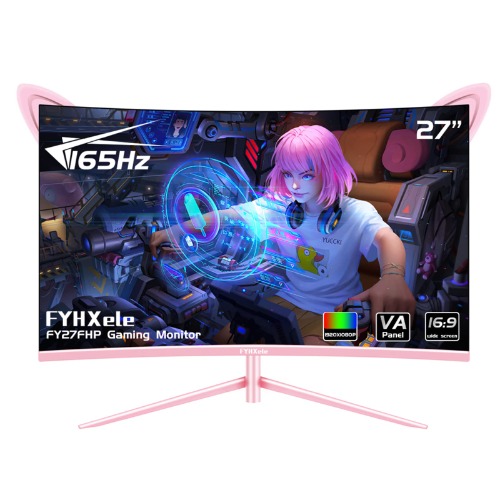 FYHXele FY27FHP Pink Monitor 27 Inch Curved Gaming 165Hz - Support 144Hz 1800R 1ms 1920x1080P VA Screen, Built-in Speakers, AMD Free-Sync, HDMI, DP, USB, AUX, Tilt Adjustable