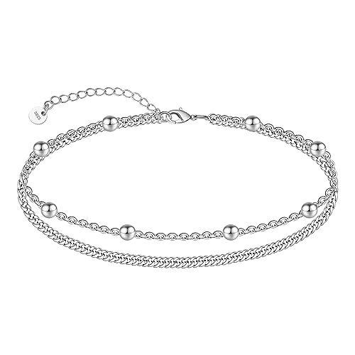 CHIC & ARTSY 925 Sterling Silver Ankle Bracelet Multilayer Anklets for Women Satellite/Star/Cross/Circle/Teardrop/Oval/Layered Anklet Beach Jewelry 9 to 10 inch Flexible Fit Anklets - 2# Ball/Silver