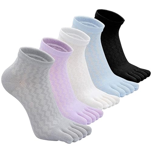 Womens Toe Socks Cotton Five Finger Running Socks Mini Crew Sport Socks, 5 Pairs - One Size - Multicoloured