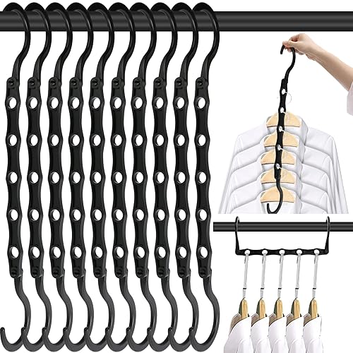 Space Saving Hangers, 10PCS Magic Hangers, 5 Holes Sturdy Plastic Hanger Clothes Organizer, Closet Organizers and Storage, Space Saver Hangers Organization, College Dorm Room Essentials (Black) - Black