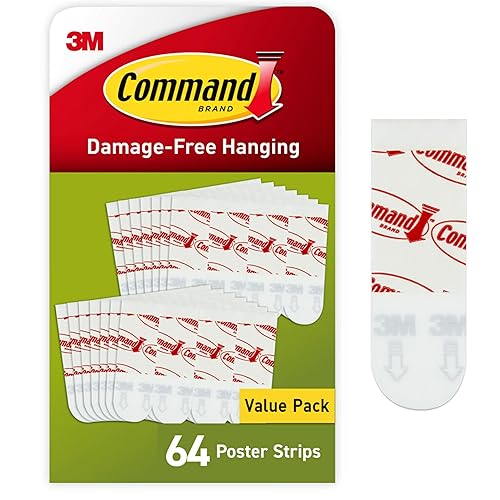 Command Poster Strips, 64 Command Strips Damage Free Hanging Poster Hangers, No Tools Wall Hanging Strips for Christmas Decorations, White Adhesive Strips - White - 64 Strips