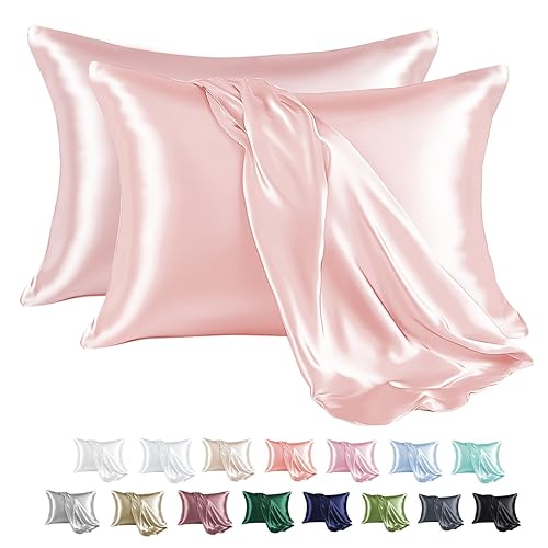 MR&HM Satin Pillowcase for Hair and Skin, Silk Satin Pillowcase 2 Pack, Queen Size Pillow Cases Set of 2, Silky Pillow Cover with Envelope Closure (20x30, Light Pink) - 26 - Light Pink - Queen(20"x30")