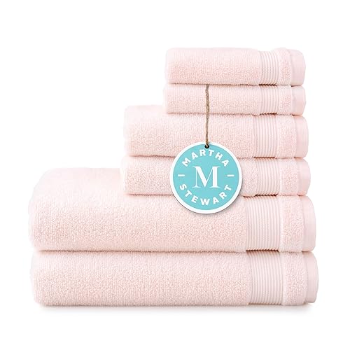 MARTHA STEWART 100% Cotton Bath Towels Set Of 6 Piece, 2 Bath Towels, 2 Hand Towels, 2 Washcloths, Quick Dry Towels, Soft & Absorbent, Bathroom Essentials, Blush Pink - X Blush Pink - 6 Piece Towel Set - 100 % Cotton Bath Towel