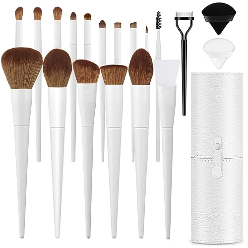 LUXBRU Makeup Brushes With Case 20PCs Professional Makeup Brush Set, Foundation Powder Eyeshadow Brush Set Eyebrow Concealer Contour Travel Brushes Kit with Holder & 2 Powder Puff-White - Pearl White