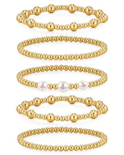 doubgood Gold Bracelets for Women Gold Beaded Bracelets for Women Gold Bracelet Stack 14K Gold Plated Stackable Stretch Bead Ball Bracelet Sets - Style 6-Gold