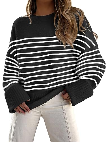 LOGENE Women's Oversized Sweater Crewneck Long Sleeve Soft Fuzzy Knit Pullover Sweaters 2024 Winter Fashion Warm Tops Clothes - Large - Black White Stripe