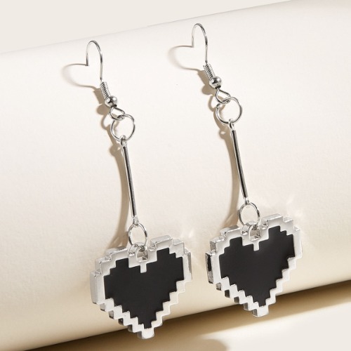 Black Mosaic Pixel Punk Kawaii Heart Shape Earrings - Black