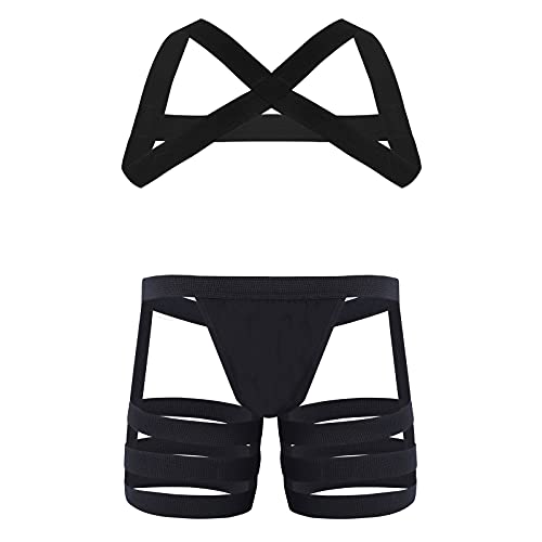 YiZYiF Men's Half Body Chest Harness Jockstrap Nylon Lingerie Set with Metal O Ring Underwear - Boxer Black - Large