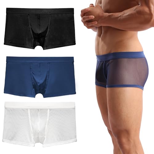 Mens Sexy Underwear Breathable Mesh Boxer Briefs See Through Hollow Lingerie - Large - Black/Navy/White