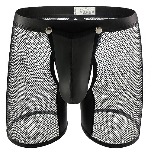 Evankin Men's See Through Sexy Mesh With Faux Leather Loose Shorts Pants Erotic Clubwear Button Removable Pouch - Large - Leather Black