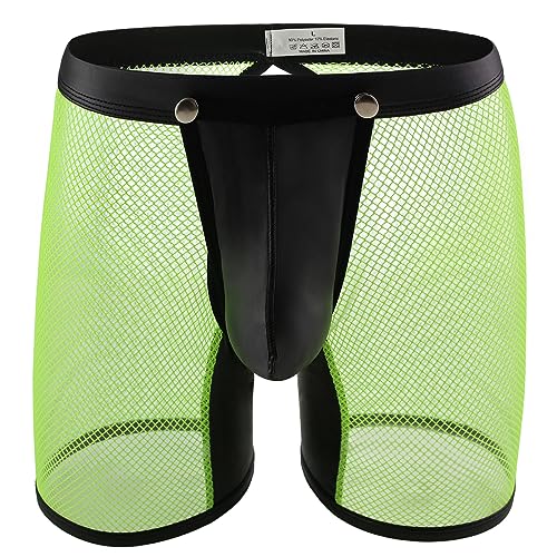 Evankin Men's See Through Sexy Mesh With Faux Leather Loose Shorts Pants Erotic Clubwear Button Removable Pouch - Large - Leather Green