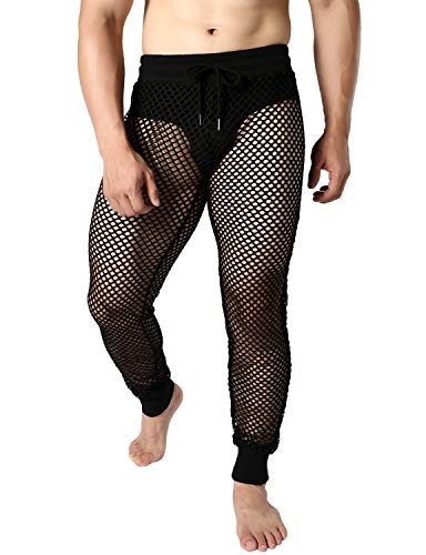 JOGAL Men's Mesh Fishnet See Through Pants Stretchy Muscle Leggings - Large - Black