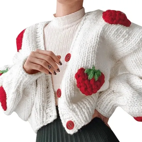 Womens Cropped Cardigan Sweater Argyle Long Sleeve Cherry V Neck Knit Button Up Sweaters Tops Shirts