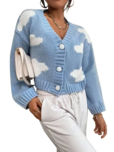 WDIRARA Women's Long Sleeve Button Front V Neck Casual Crop Cardigan Sweater