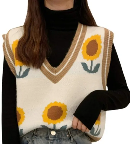 rrhss Women V Neck Sweater Vest Y2K 90s Floral Pattern Knit Tank Top Sleeveless Knitwear Black